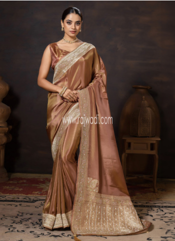 Wedding Wear Brown Embroidered Shimmer Silk Saree
