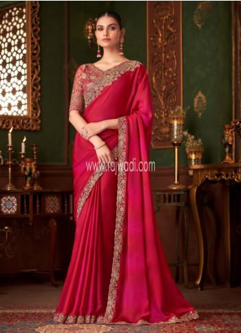 Wedding Wear Rani Thread And Sequins Embroidered Chiffon Saree
