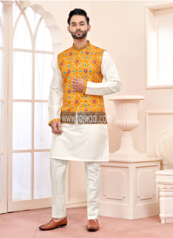 Whit And Yellow Cotton Silk Festive Nehru Jacket Set