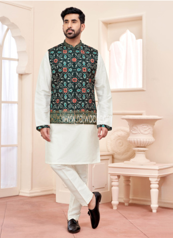 White and Dark Green Embroidered Silk Nehru Jacket Set