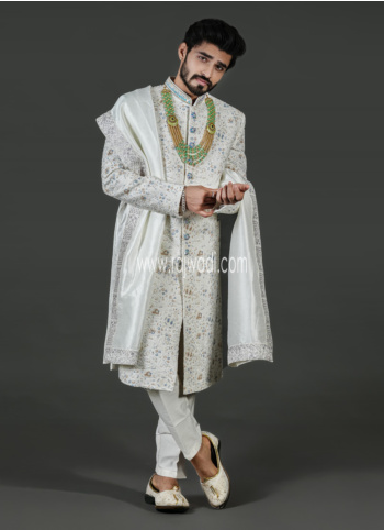 White Embroidered Wedding Sherwani In Silk