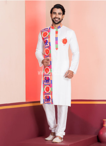 White Rayon Embroidered Kurta Pajama