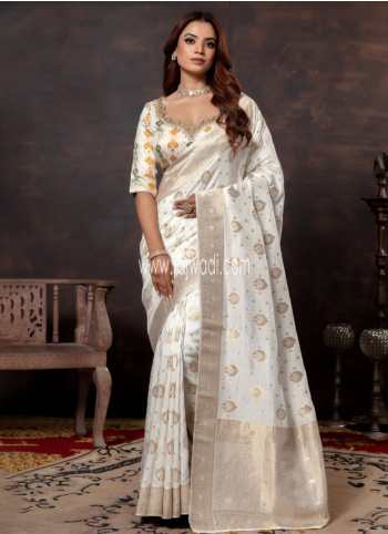 White Zari Woven Silk Choli Saree