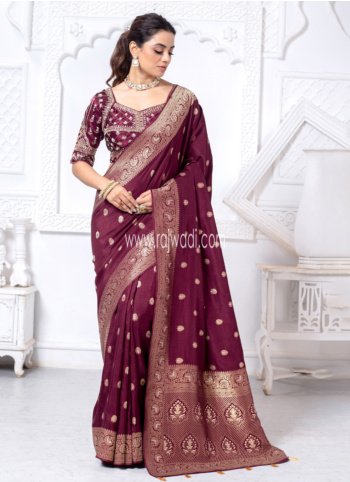 Wine Banarasi Silk Saree With Matching Readymade Choli
