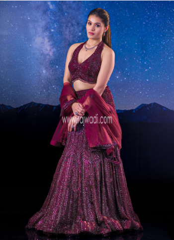 Wine Hand Embroidered Net Lehenga Choli For Bride