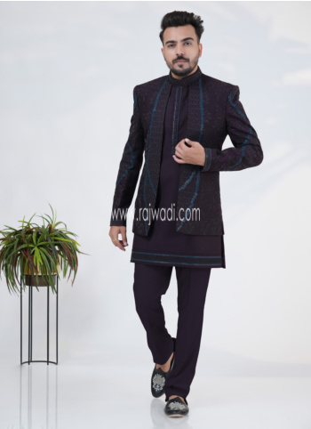 Wine Silk Embroidered Jacket Style Indowestern Set For Men
