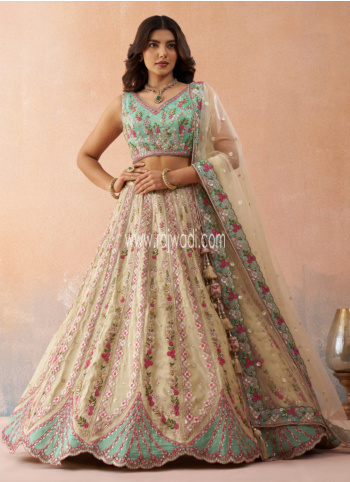 Designer Cream And Sea Green Embroidered Lehenga Choli