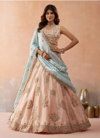 Designer Cream Tissue Silk Embroidered Lehenga Choli For Wedding
