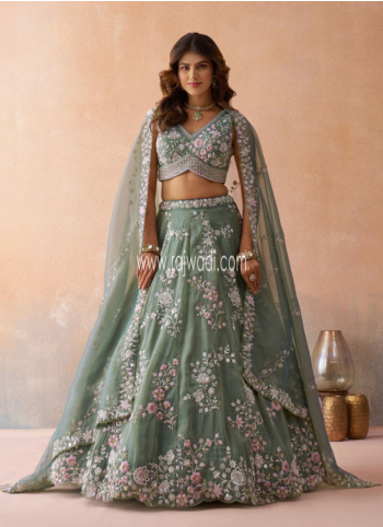 Wedding Wear Sea Green Embroidered Tissue Silk Lehenga Choli With Dupatta