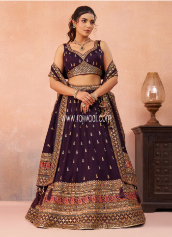 Purple Chinon Silk Embroidered Lehenga Choli With Dupatta