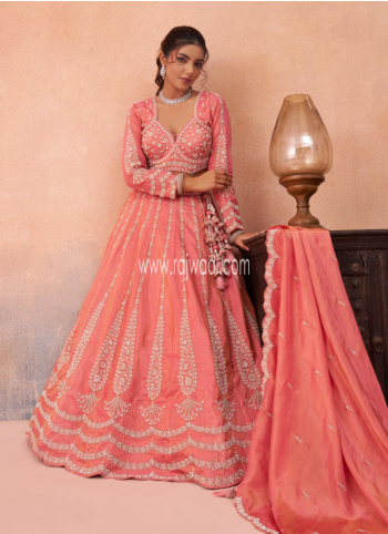 Peach Tissue Silk Cutdana Embroidered Lehenga Choli With Dupatta
