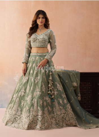 Sea Green Embroidered Tissue Silk A Line Lehenga Choli