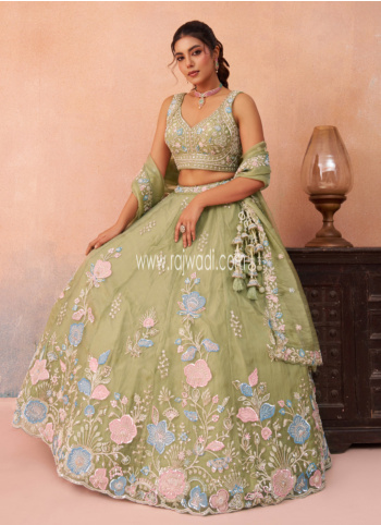 Stunning Pista Green Floral Embroidered Tissue Silk Lehenga Choli With Dupatta