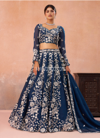 Shimmering Teal Embroidered Organza Lehenga Choli With Dupatta