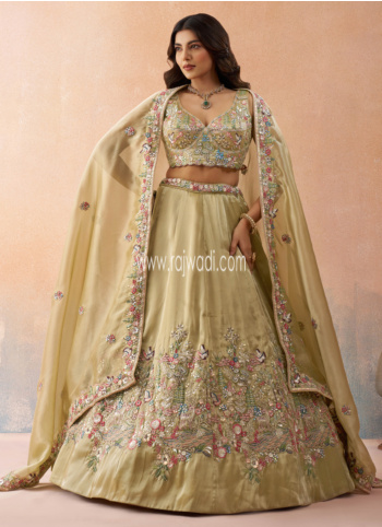 Beautiful Beige Embroidered Tissue Silk Lehenga Choli With Dupatta