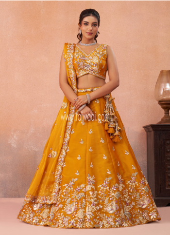 Wedding Wear Orange Embroidered Tissue Silk Lehenga Choli With Dupatta