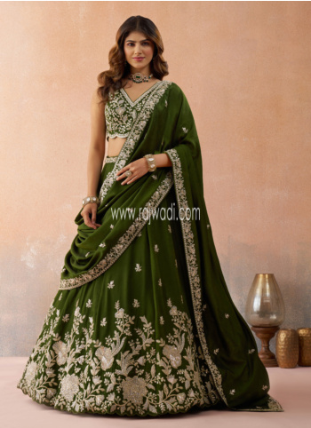Stunning Mehndi Green Embroidered Tissue Silk Lehenga Choli