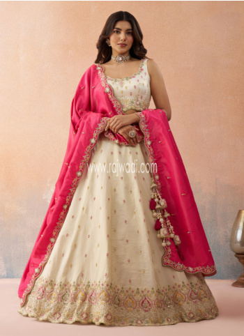 Cream Embroidered Silk Lehenga Choli With Hot Pink Dupatta