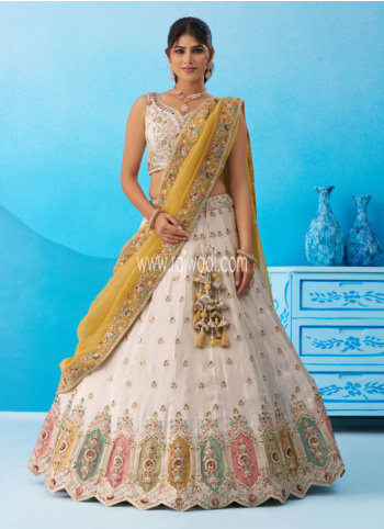 Off White Embroidered Tissue Silk Lehenga Choli With Contrast Dupatta