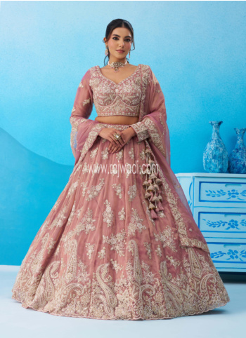 Elegant Onion Pink Embroidered Tissue Silk Lehenga Choli With Dupatta
