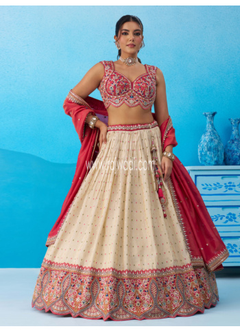 Designer Cream And Gajari Pink Embroidered Lehenga Choli