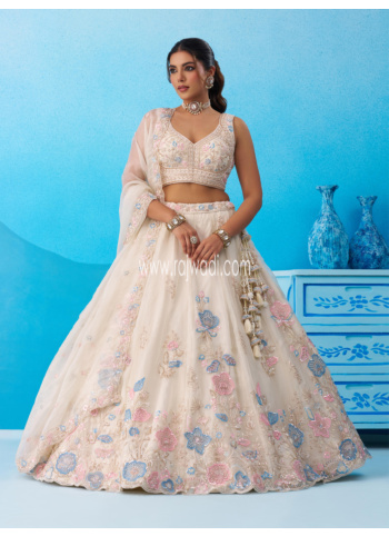 White Tissue Silk Floral Embroidered Designer Lehenga Choli