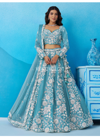 Sky Blue Tissue Silk Floral Embroidered Trendy Lehenga Choli