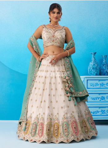 Off White Embroidered Tissue Silk Lehenga Choli With Contrast Dupatta