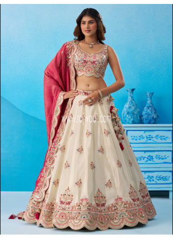 Glamorous Off White Embroidered Lehenga Choli With Contrast Deep Pink Dupatta