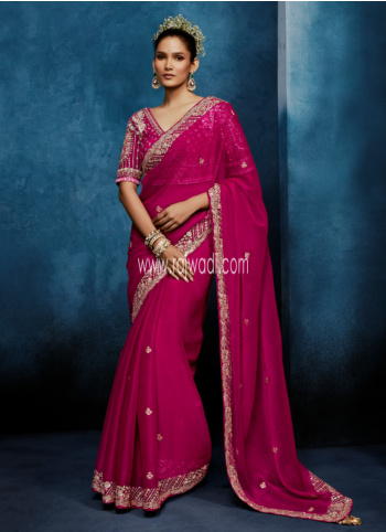 Wedding Wear Rani Embroidered Organza Saree