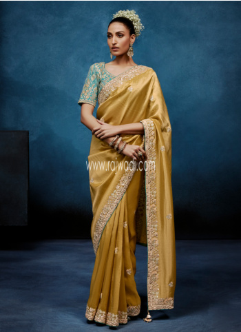 Designer Gold Embroidered Border Organza Saree