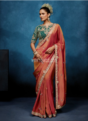 Festive Wear Peach Organza Embroidered Border Saree