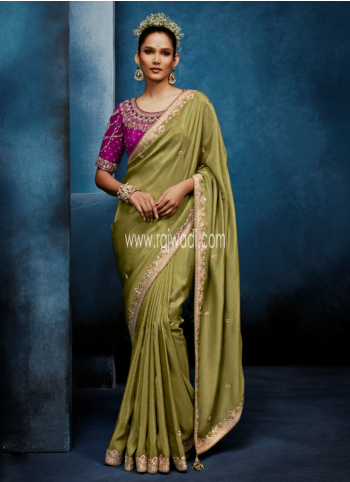 Beautiful Mehndi Green Embroidered Border Organza Saree