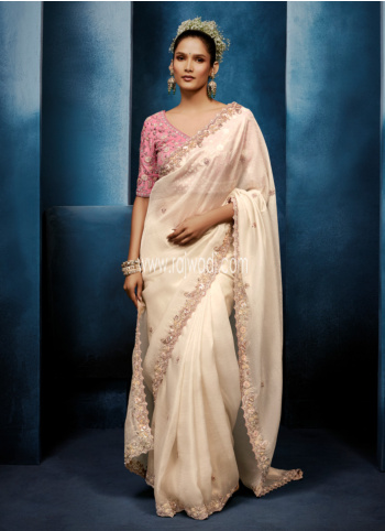 Attractive Cream Organza Saree For Wedding