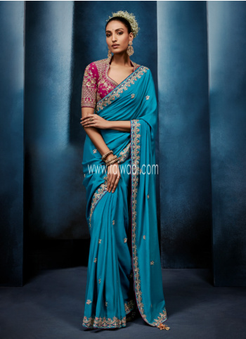 Designer Sky Blue Embroidered Organza Saree