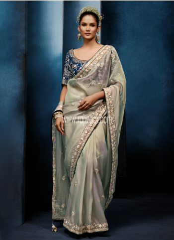 Wedding Wear Grey Embroidered Saree With Ready Choli