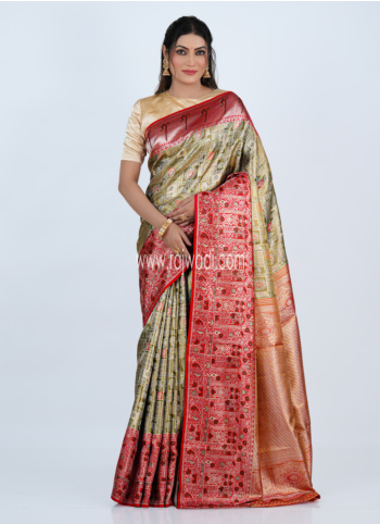 Mehndi Green And Red Kanjivaram Silk Saree