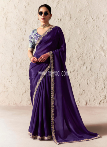 Dark Puple Embroidered Border Organza Saree