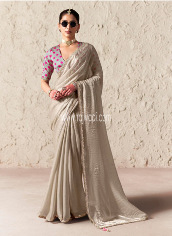 Festive Wear Beige Embroidered Border Organza Saree