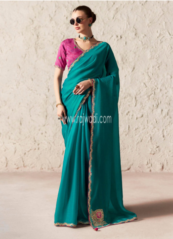 Teal Blue Festive Wear Embroidered Border Organza Saree
