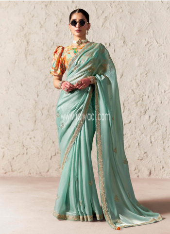 Light Sea Green Embroidered Organza Saree