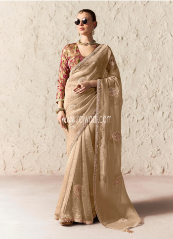 Dark Beige Embroidered Organza Saree