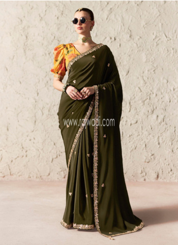 Wedding Wear Olive Green Crepe Silk Saree