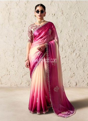 Pink And Cream Embroidered Organza Saree