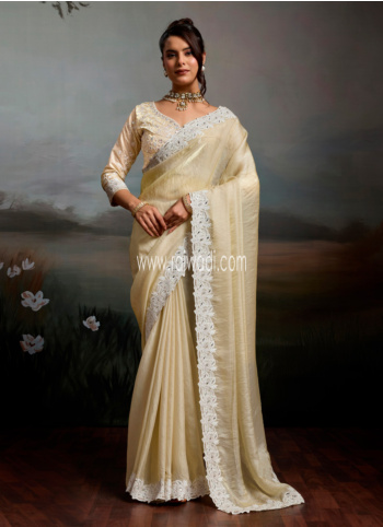 Cream Organza Contemporary Saree with Patch Border