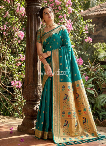 Turquoise Silk Weaving Saree with Elegant Golden Zari Peacock Motifs