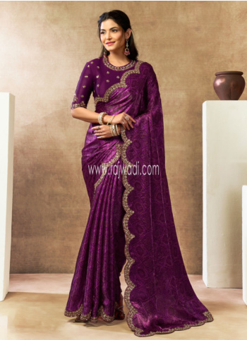 Beautiful Purple Embroidered Border Satin Silk Saree