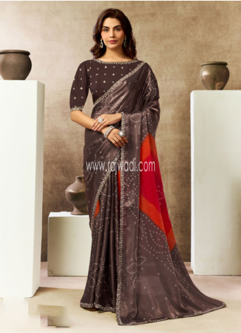 Coffee Bandhani Printed Satin Silk Saree