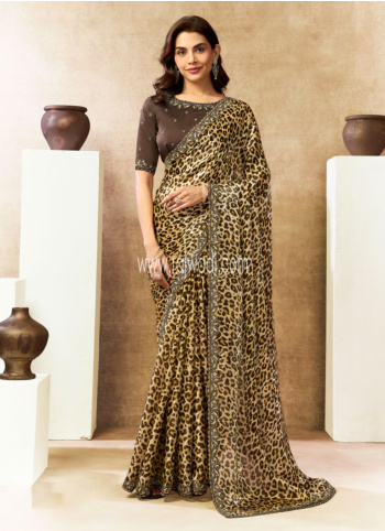 Light Yellow Leopard Digital Print Satin Silk Saree With Contrast Blouse