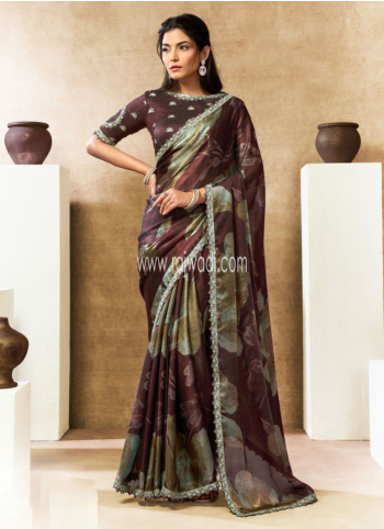Floral Printed Burgundy Color Satin Silk Saree